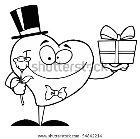 Black And White Coloring Page Outline Of A Heart Giving A Present And Flower