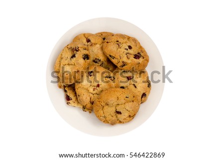 Cookies with raisins on a white plate. Top view Royalty-Free Stock Photo #546422869