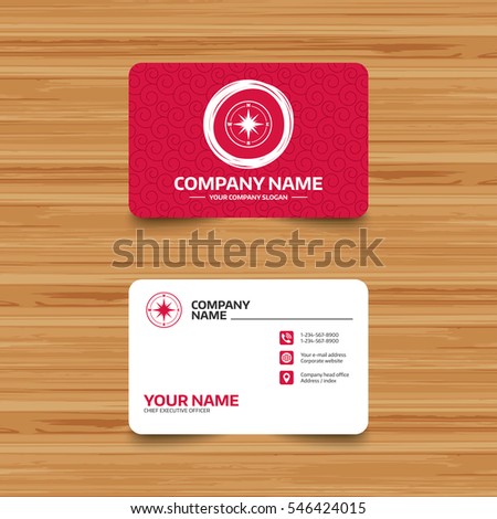 Business card template with texture. Compass sign icon. Windrose navigation symbol. Phone, web and location icons. Visiting card  Vector