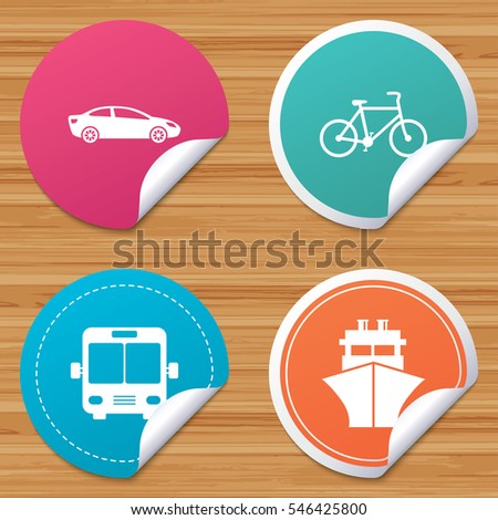 Round stickers or website banners. Transport icons. Car, Bicycle, Public bus and Ship signs. Shipping delivery symbol. Family vehicle sign. Circle badges with bended corner. Vector
