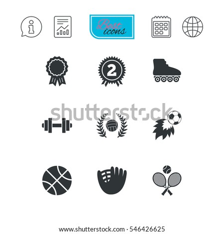 Sport games, fitness icons. Football, basketball and volleyball signs. Dumbbell, baseball and winner award symbols. Report document, calendar and information web icons. Vector
