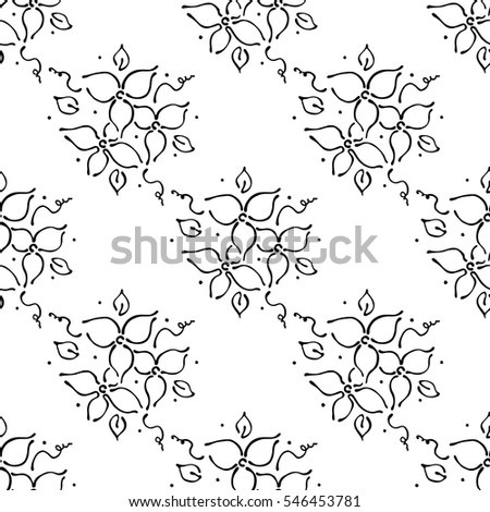 Vector floral illustration. Black and white seamless pattern with bouquet with flowers, leaves, decorative elements Hand drawn contour lines and strokes. Doodle style, graphic vector illustration..