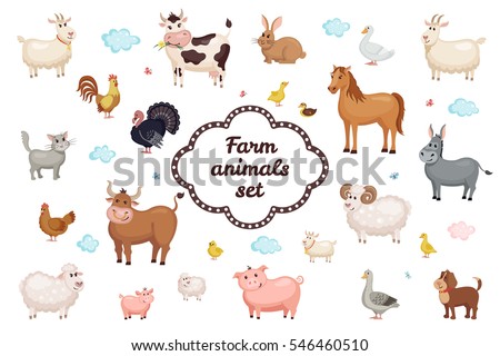 Cute Farm animals set in flat style isolated on white background. Vector illustration. Cartoon  animals collection.