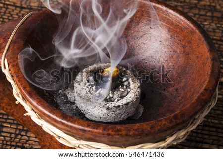 Frankincense burning on a hot coal. Frankincense is an aromatic resin, used for religious rites, incense and perfumes.