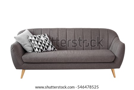Gray soft sofa with 2 pillows. Modern design sofa isolated on white background Royalty-Free Stock Photo #546478525