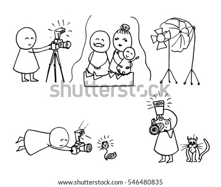 Funny set of doodle photographers. Vector hand drawn  illustration.