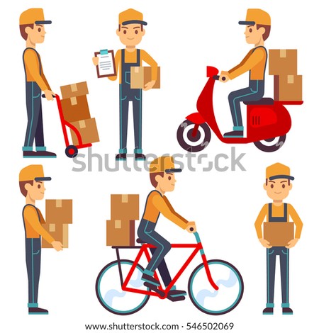 Delivery service man with boxes vector characters set.