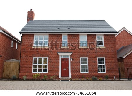 detached and typical british residential house with small entrance garden (isolated on white) Royalty-Free Stock Photo #54651064