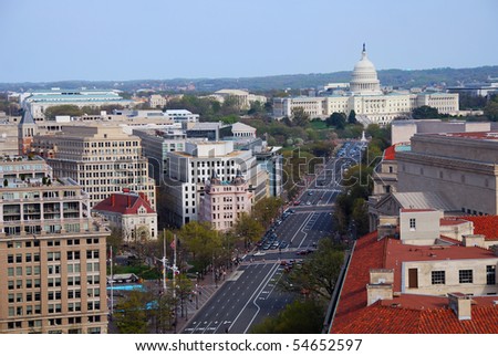 Washington DC aerial view with capitol hill building and street