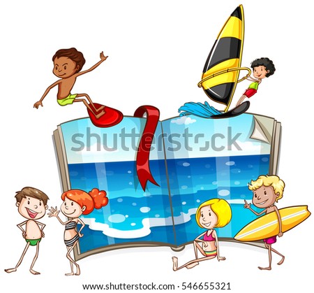People doing different activities at sea illustration