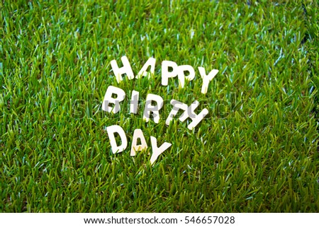Happy Birthday lettering are on green grass.