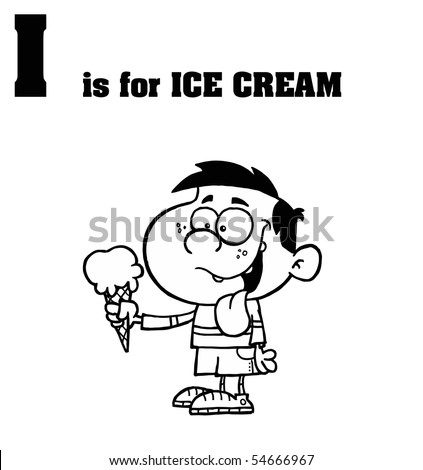 Outlined Boy Eating Ice Cream With I Is For Ice Cream Text