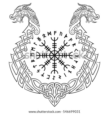 Aegishjalmur, Helm of awe (helm of terror), Icelandic magical staves and the Scandinavian pattern in the form of a dragon boat, drakkar, isolated on white, vector illustration Royalty-Free Stock Photo #546699031