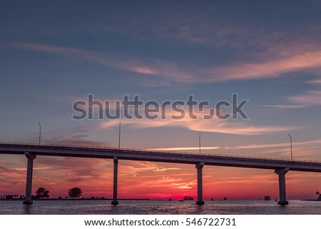 Sunset in Clearwater Beach, Florida. Landscape. Gulf of Mexico. Bridge.