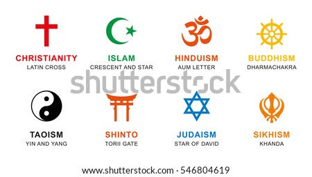 World religion symbols colored. Signs of major religious groups and religions. Christianity, Islam, Hinduism, Buddhism, Taoism, Shinto, Sikhism and Judaism, with English labeling. Illustration. Vector Royalty-Free Stock Photo #546804619