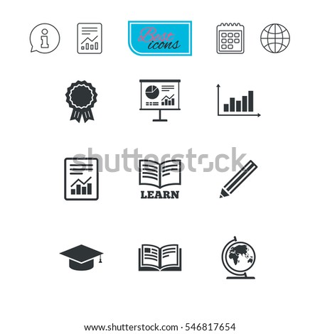 Education and study icon. Presentation signs. Report, analysis and award medal symbols. Report document, calendar and information web icons. Vector