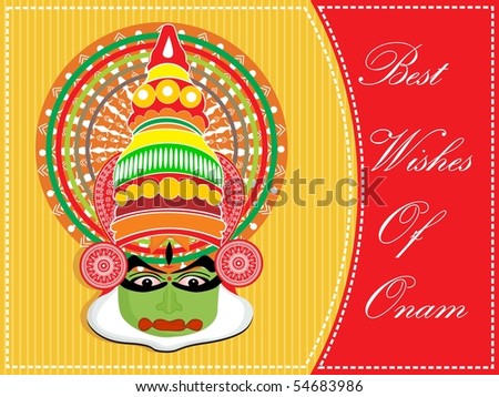 background with kathkali dancer facepattern greeting for onam