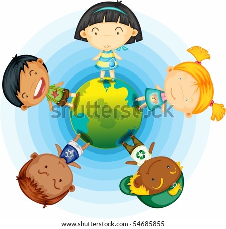 Illustration of childrens standing round the globe on white background