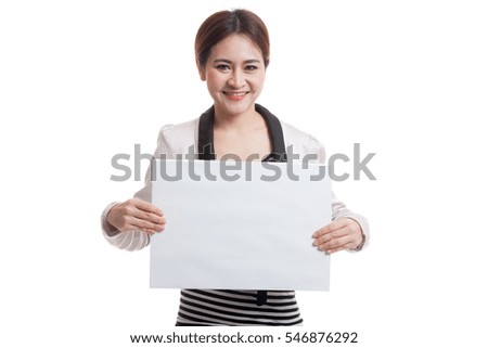 Young Asian business woman with white blank sign  isolated on white background.