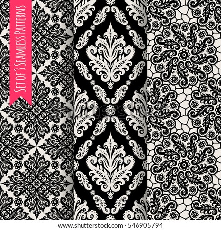 Set of illustrations with seamless patterns. Decorative vintage ornaments