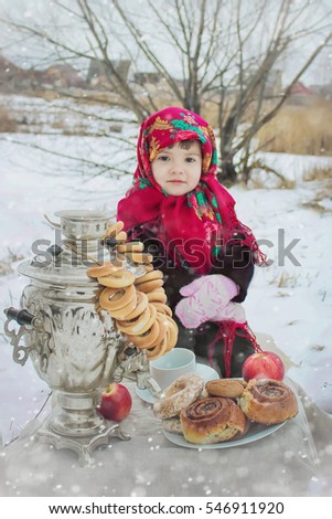 Girl in a scarf with scones and a samovar. 
