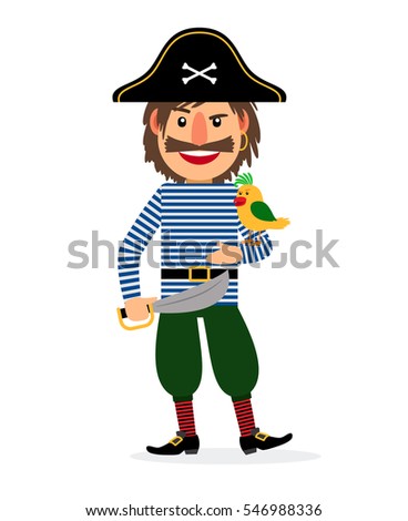 Pirate happy cartoon character with sword and parrot. Vector icon on white background