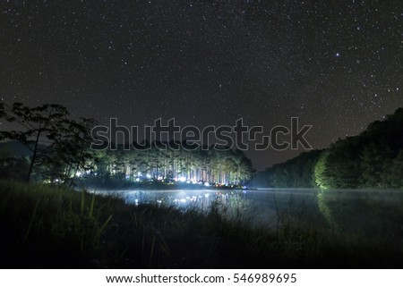 Stars night sky at Pang Ung lake, Pang Ung Mae Hong Son province, North of Thailand