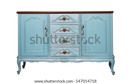 Vintage blue wooden dresser isolated on white. Ethnic dresser. Antique cupboard. Clothes closet. Vanity Table Royalty-Free Stock Photo #547014718