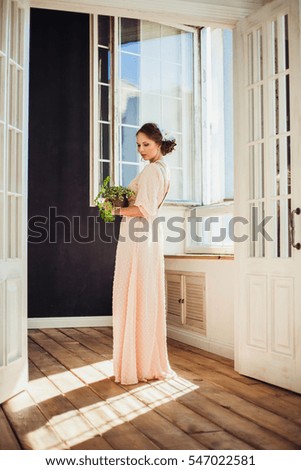 Beautiful woman wearing long dress holding house plant.