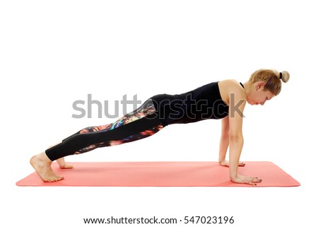 Woman yoga teacher in various poses (asana) isolated on white background