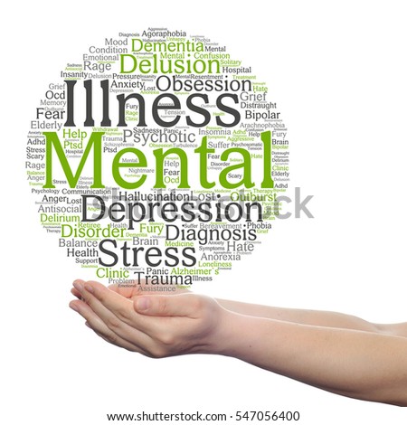 Concept conceptual mental illness disorder management therapy abstract word cloud held in hands isolated on background metaphor to health, trauma, psychology, help, problem, treatment rehabilitation