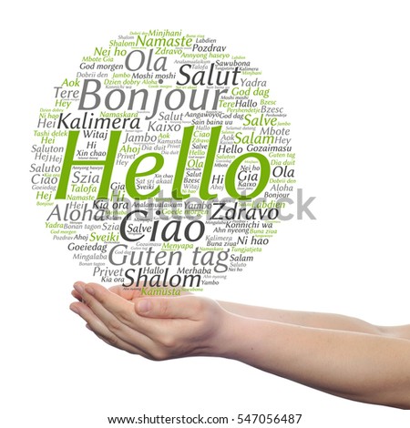 Concept or conceptual abstract hello or greeting international word cloud on hands in different languages or multilingual metaphor to world, foreign, worldwide, travel, translate, vacation or tourism