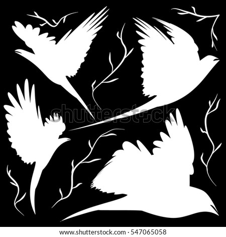 bird silhouettes cut-out. Decorations different poses and forms a pair of birds in the air over the branches for coloring