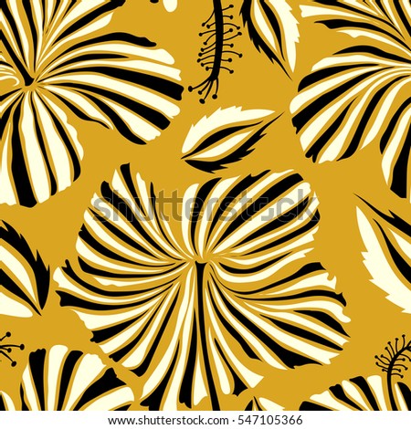 Seamless pattern of tropical hibiscus flowers in neutral and black colors with watercolor effect.