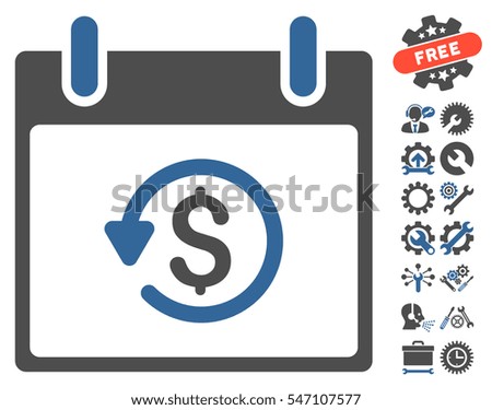 Refund Calendar Day pictograph with bonus tools clip art. Vector illustration style is flat iconic symbols, cobalt and gray, white background.