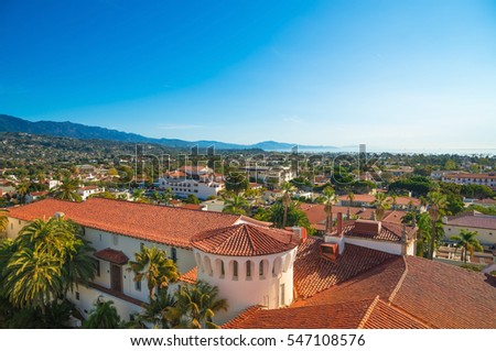 Santa Barbara, Califoania - Court House Buildings, Orange Roofs and Pacific Ocean