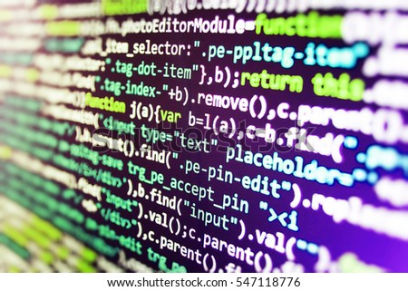 Abstract source code background. Notebook closeup photo. HTML website structure. Coding script text on screen. Source code close-up. Displaying program code on computer. 
