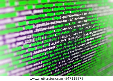 Programming code on computer screen. CSS, JavaScript and HTML usage. Desktop PC monitor photo. Software source code. Innovative startup project. SEO optimization. IT coding on monitor screen. 
