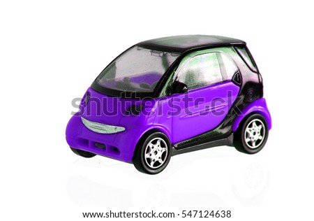 Small purple toy car isolated on white background