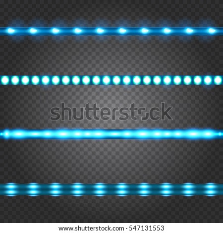 Set of realistic neon or led glowing light stripes on transparent background. Horizontal seamless objects. Royalty-Free Stock Photo #547131553