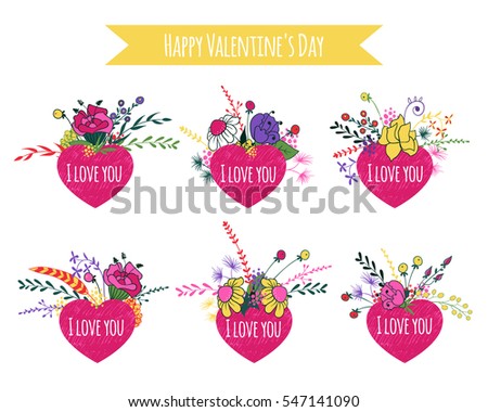 Romantic set with frames heart-shaped and flowers. Isolated on white background. Vector illustration.Element for design.