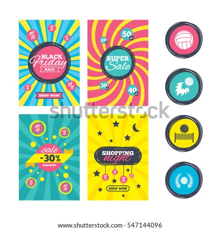 Sale website banner templates. Volleyball and net icons. Winner award laurel wreath symbols. Fireball and beach sport symbol. Ads promotional material. Vector