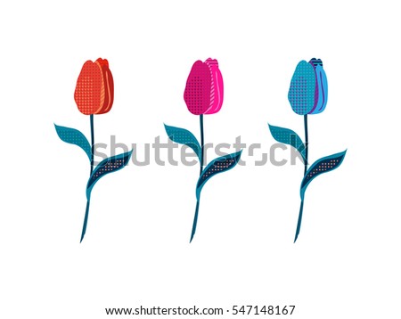 Three bright cartoon vector tulips, tulip flowers isolated on white background, tulips vector set, tulips color teaser, tulips for decoration of greeting cards
