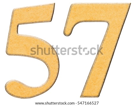57, fifty seven, numeral of wood combined with yellow insert, isolated on white background