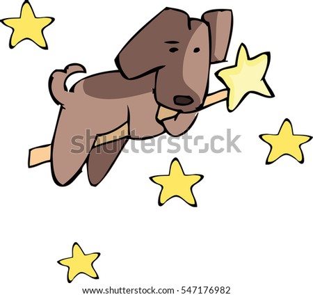 dog fairy flying on a magic wand among the stars. vector illustration