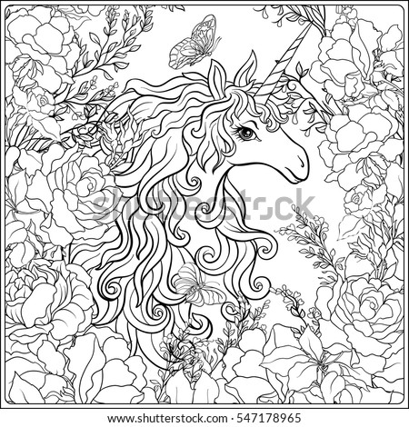 Unicorn. The composition consists of a unicorn surrounded by a bouquet of roses. Outline hand drawing coloring page for adult coloring book.
 Stock vector.