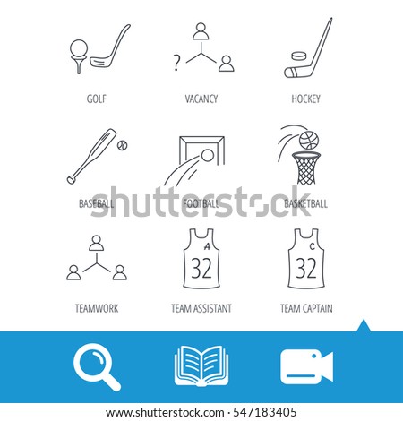 Football, ice hockey and baseball icons. Basketball, team assistant and captain linear signs. Teamwork, vacancy and golf icons. Video cam, book and magnifier search icons. Vector