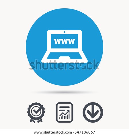 Computer icon. Notebook or laptop pc symbol. Achievement check, download and report file signs. Circle button with web icon. Vector