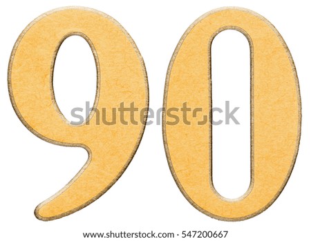 90, ninety, numeral of wood combined with yellow insert, isolated on white background