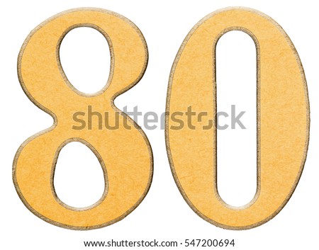 80, eighty, eight, numeral of wood combined with yellow insert, isolated on white background